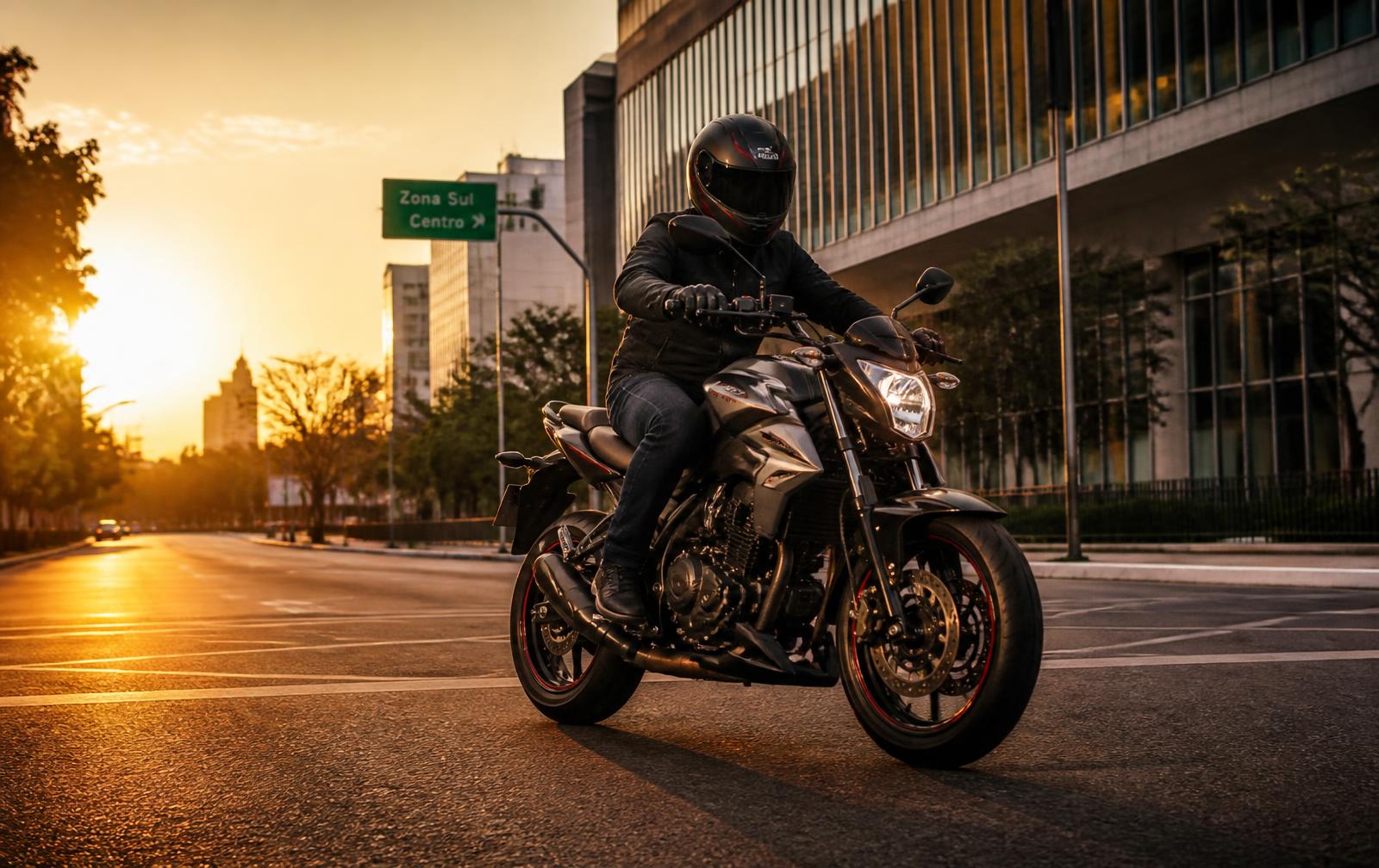 Motociclista com a moto protegida pela APVS Brasil em via urbana